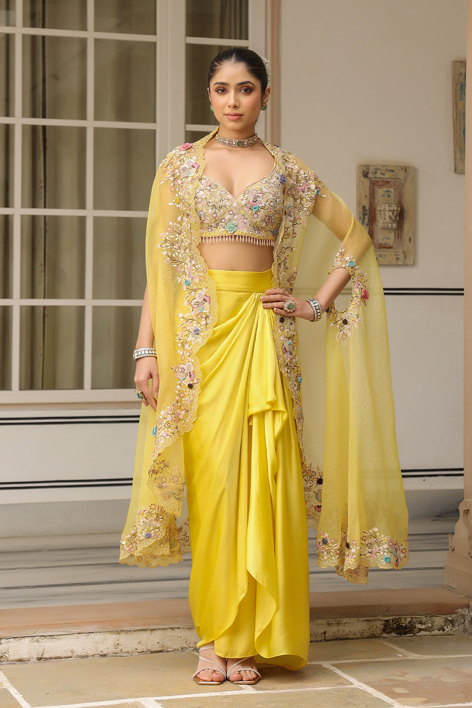 Gulzar Yellow Cape Drape Skirt Set