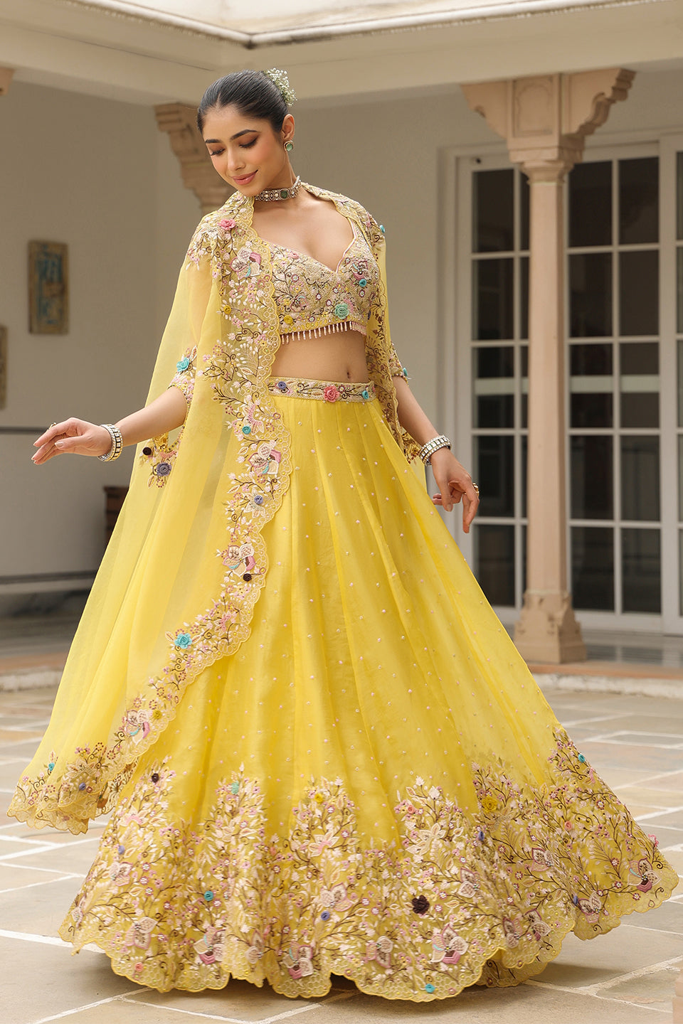 Gulzar Yellow Cape Scallop Lehenga Set