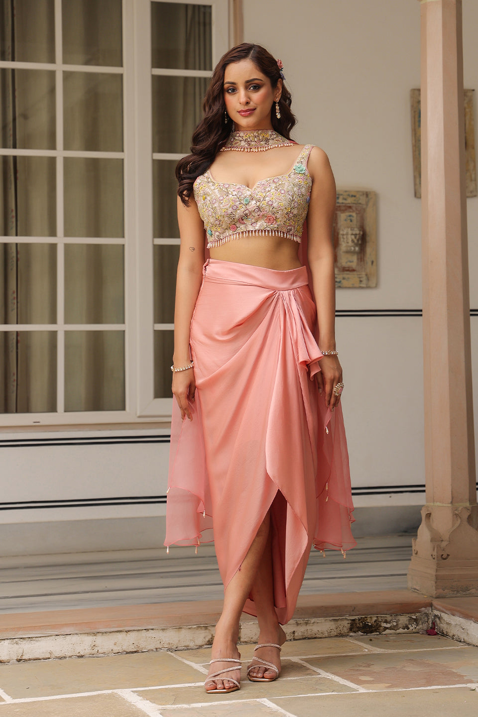 Gulzar Pink Choker Neck Drape Skirt Set
