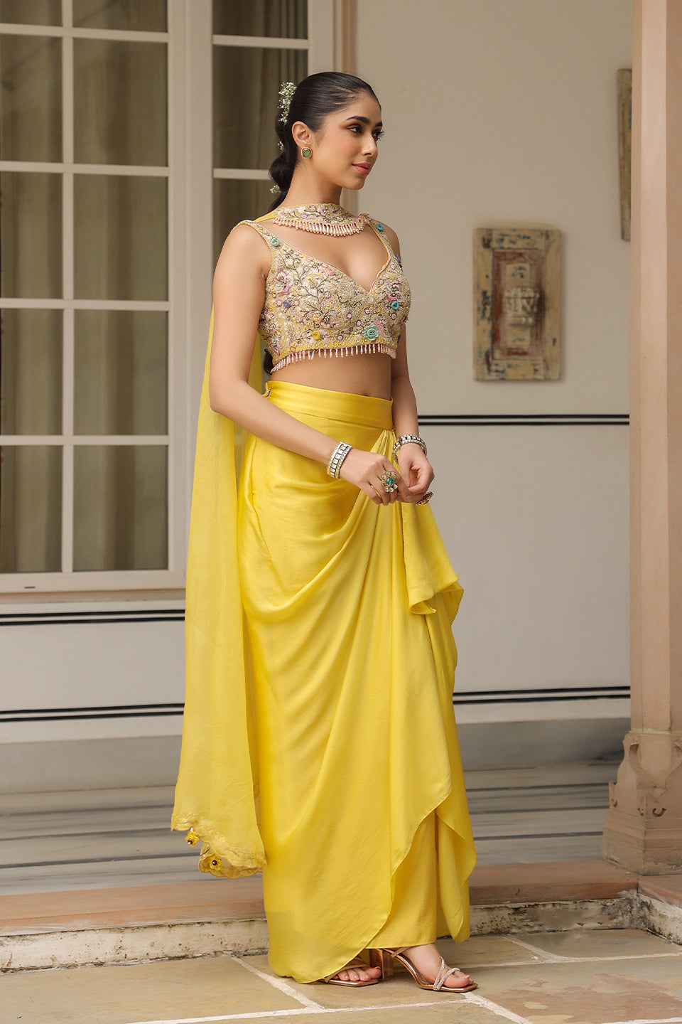 Gulzar Yellow Heavy Choker Neck Drape Skirt Set