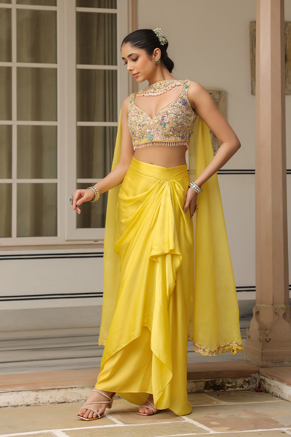 Gulzar Yellow Heavy Choker Neck Drape Skirt Set