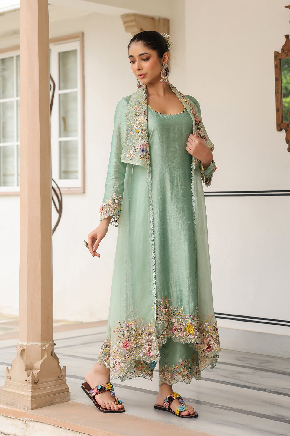 Gulzar Green Heavy Jacket Style Kurta Set