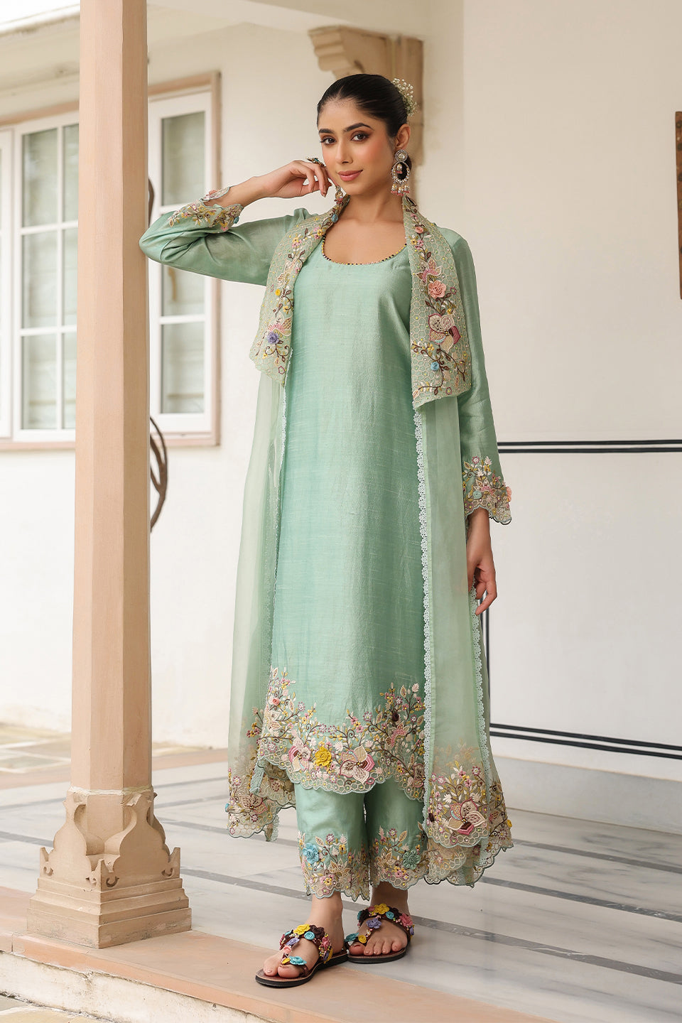 Gulzar Green Heavy Jacket Style Kurta Set