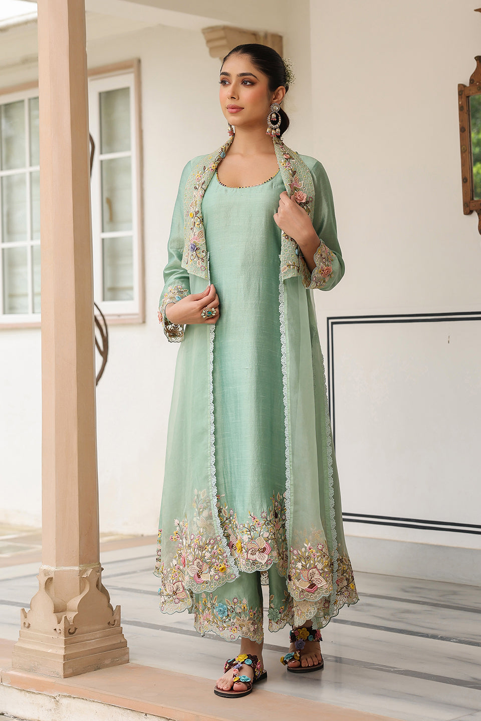 Gulzar Green Heavy Jacket Style Kurta Set