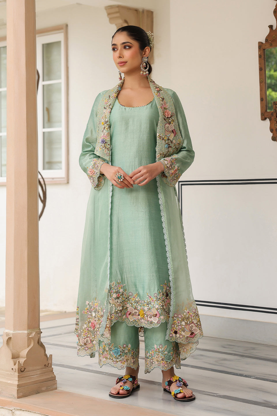 Gulzar Green Heavy Jacket Style Kurta Set