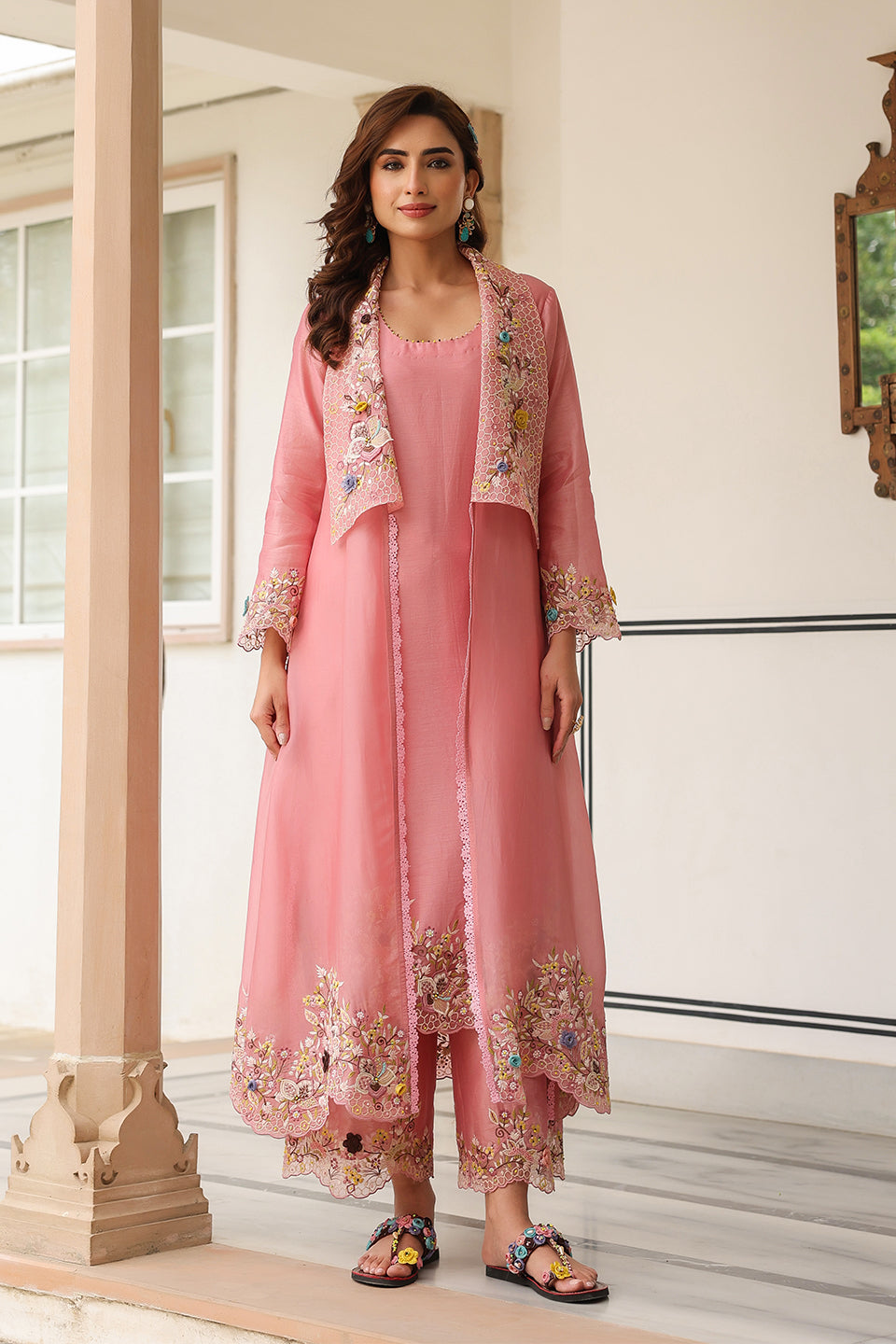 Gulzar Pink Heavy Jacket Style Kurta Set