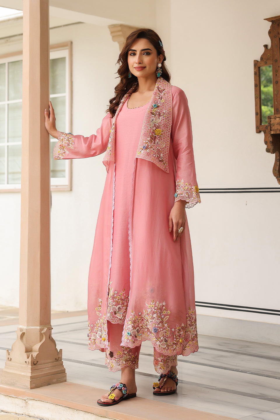 Gulzar Pink Heavy Jacket Style Kurta Set