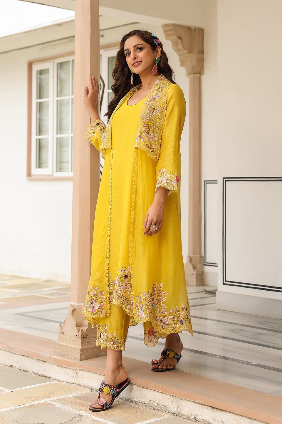 Gulzar Yellow Heavy Jacket Style Kurta Set