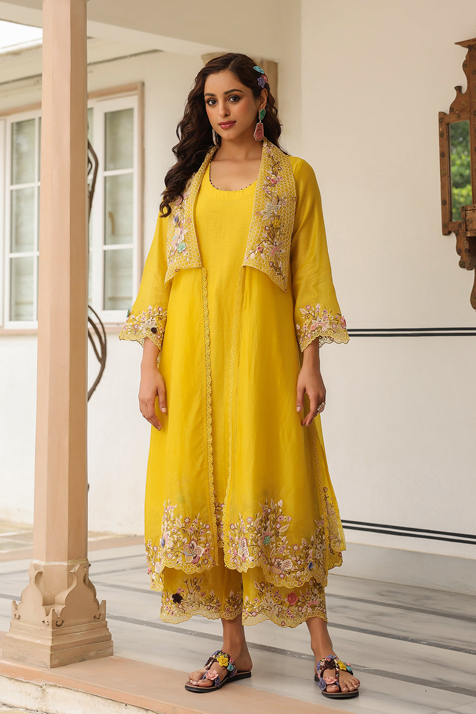 Gulzar Yellow Heavy Jacket Style Kurta Set