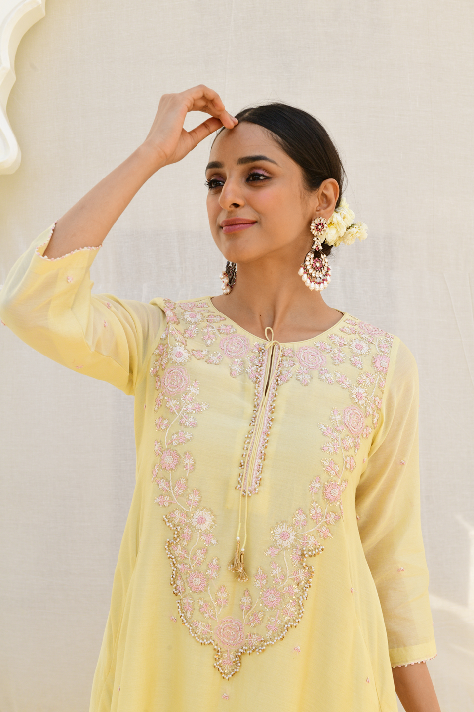 Lemon Yellow Roselyn Neck Embroidery Kurta Set