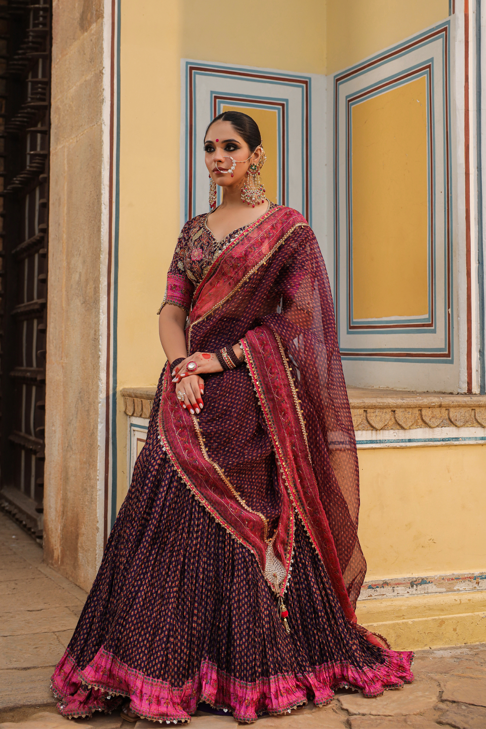 Cheent Print Applique Crushed Lehenga