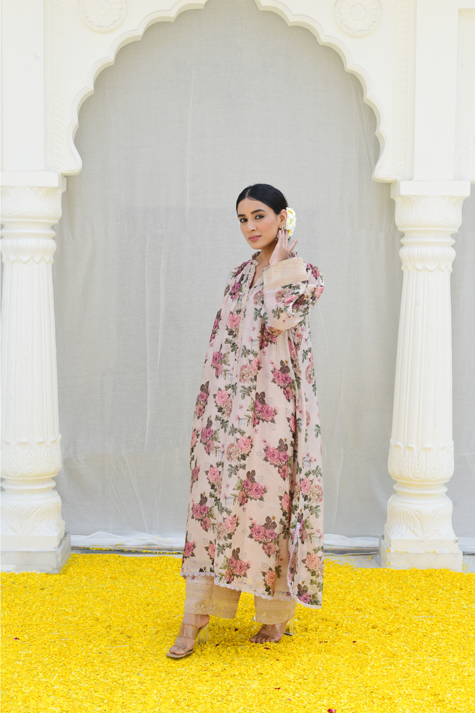 Ivory Floral Rose Frill Kurta set