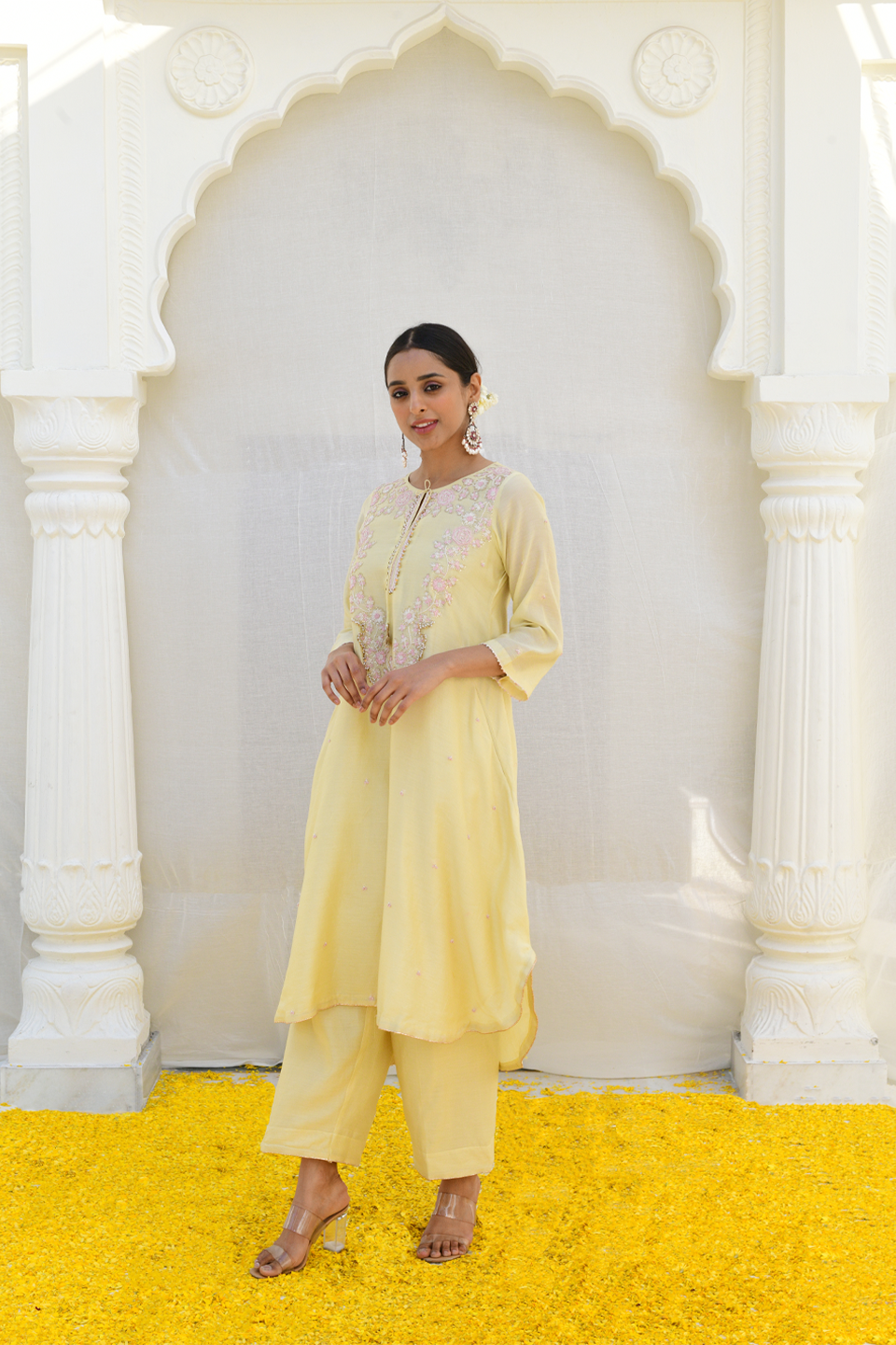 Lemon Yellow Roselyn Neck Embroidery Kurta Set