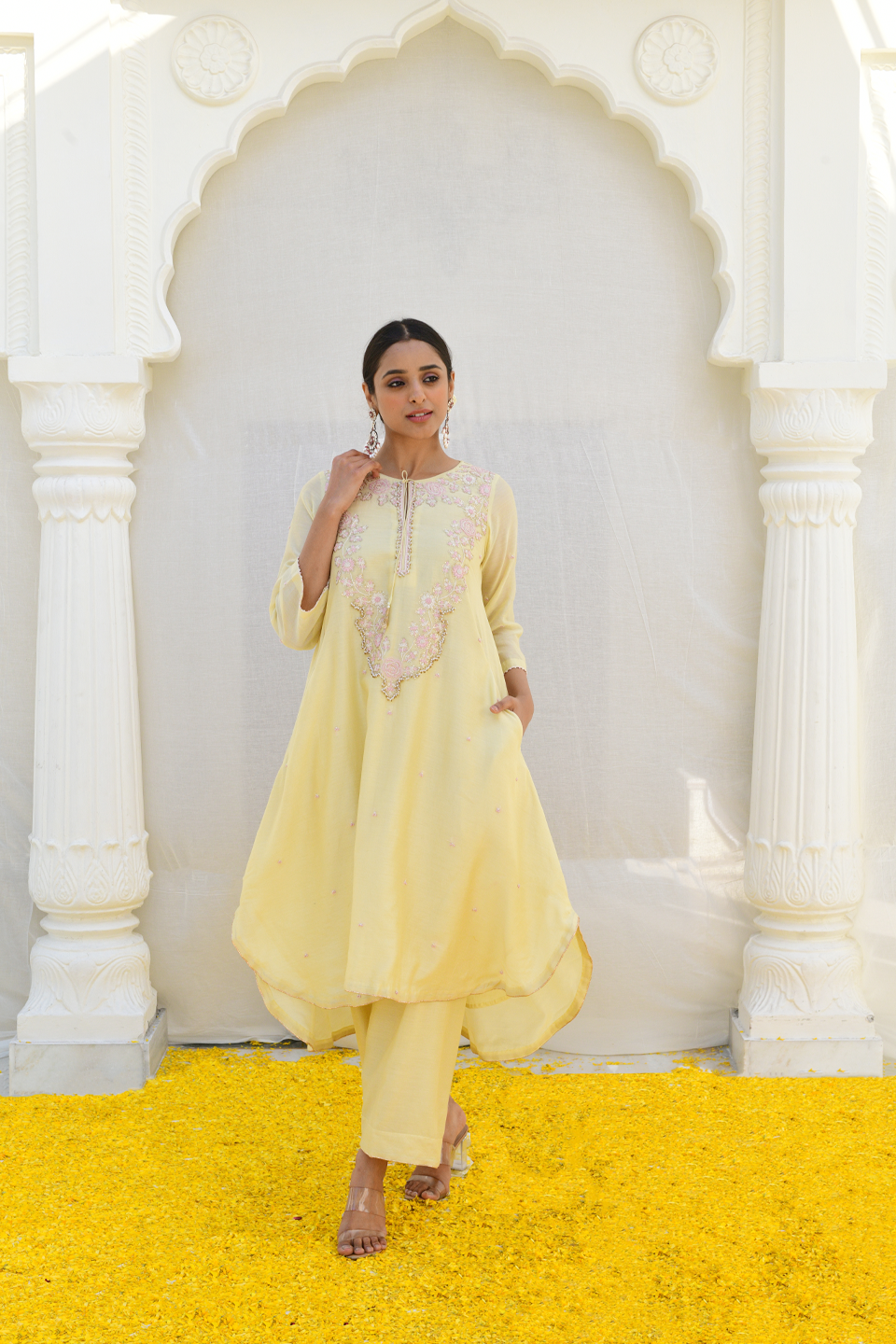 Lemon Yellow Roselyn Neck Embroidery Kurta Set