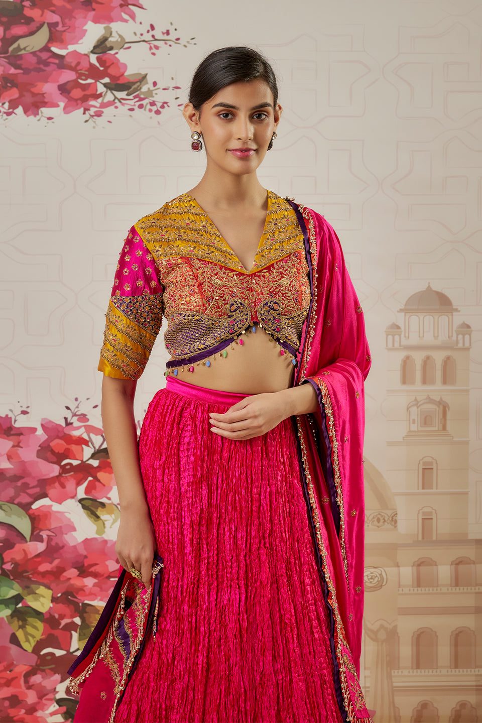 Multi Color Bird Embroidered Crushed Lehenga