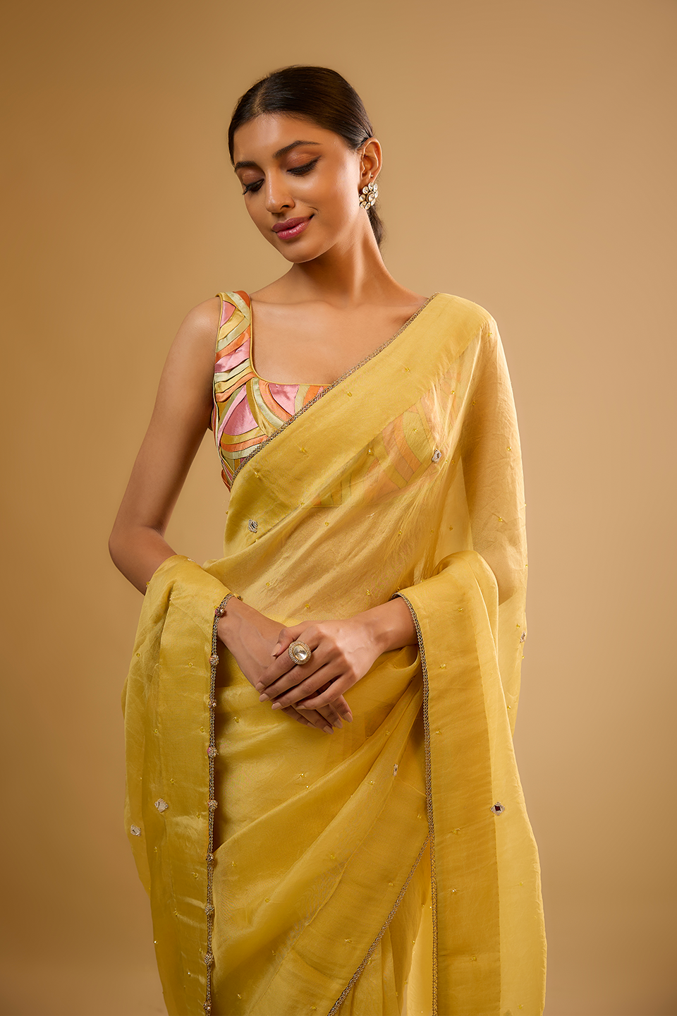 Nazakat Yellow Organza Saree Set