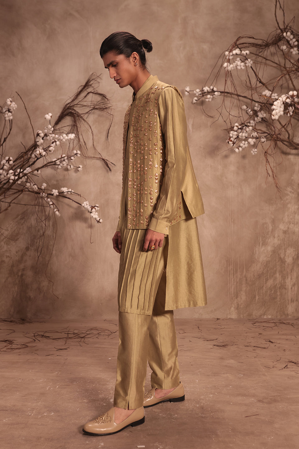 Nazakat Light Green Striped Embroidered Bandi Kurta Set