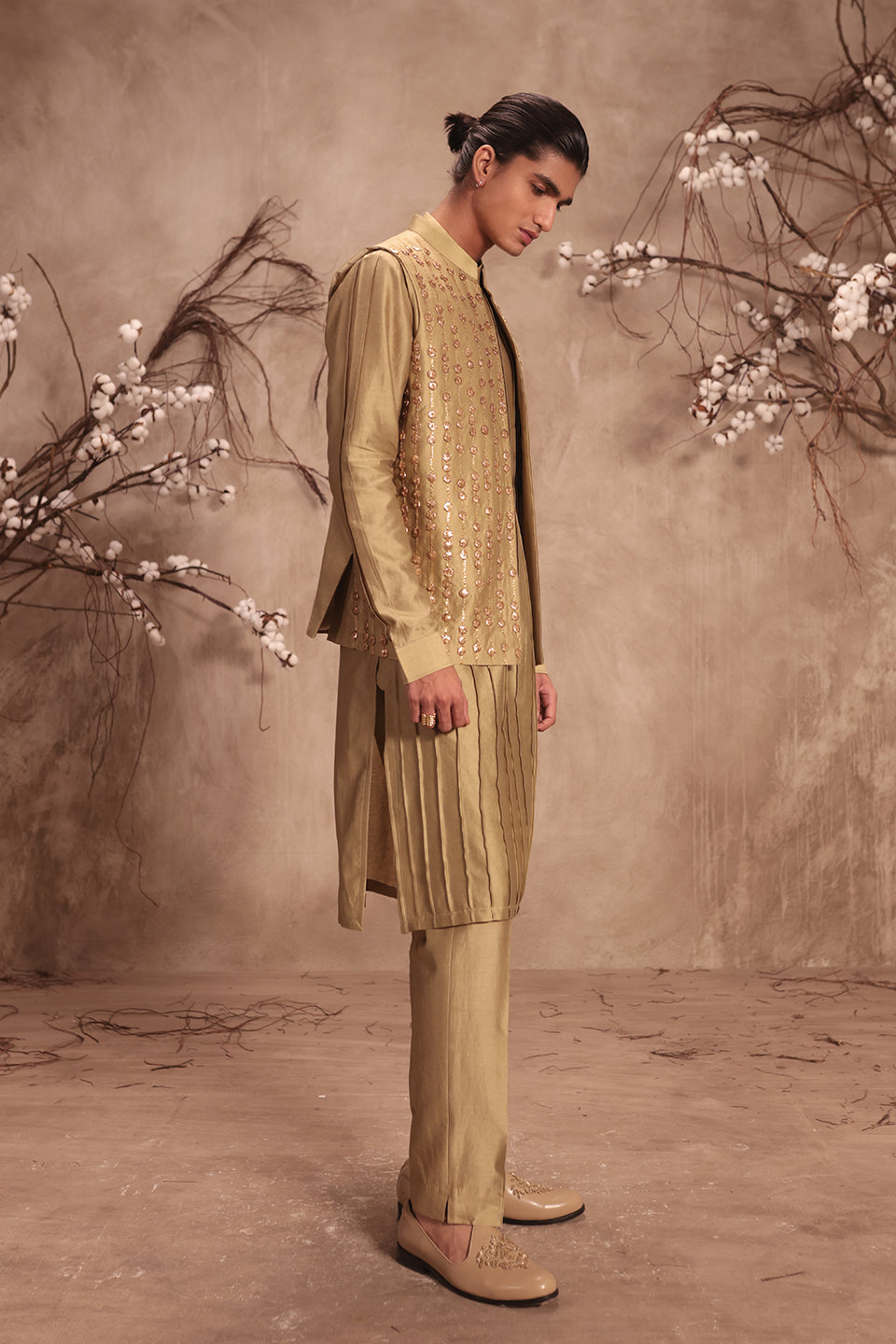 Nazakat Light Green Striped Embroidered Bandi Kurta Set
