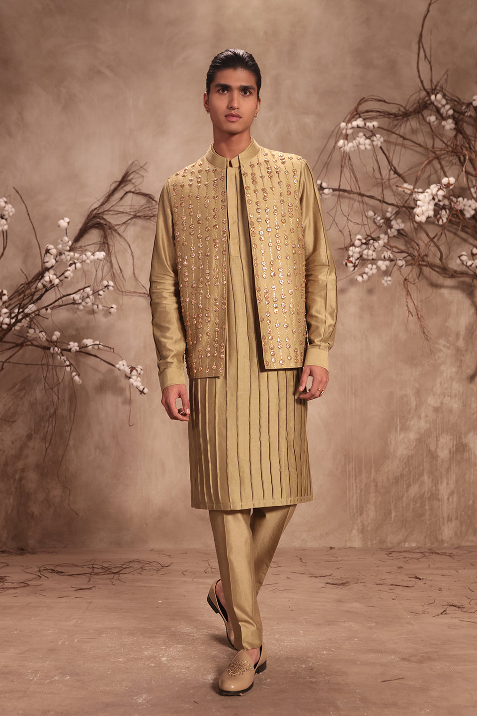 Nazakat Light Green Striped Embroidered Bandi Kurta Set