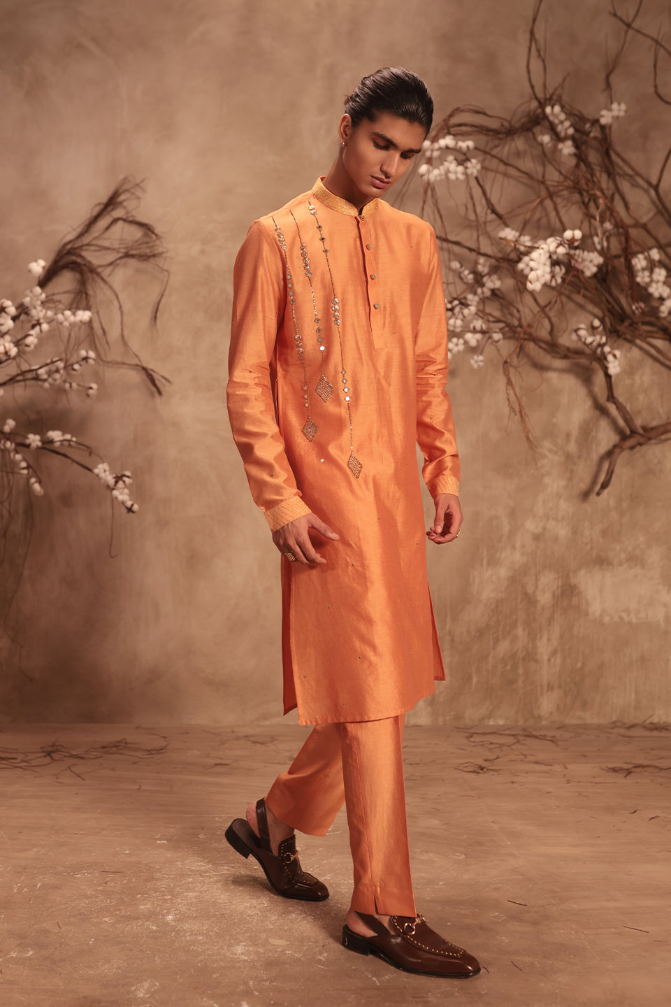 Nazakat Orange Abstract Embroidered Kurta Set