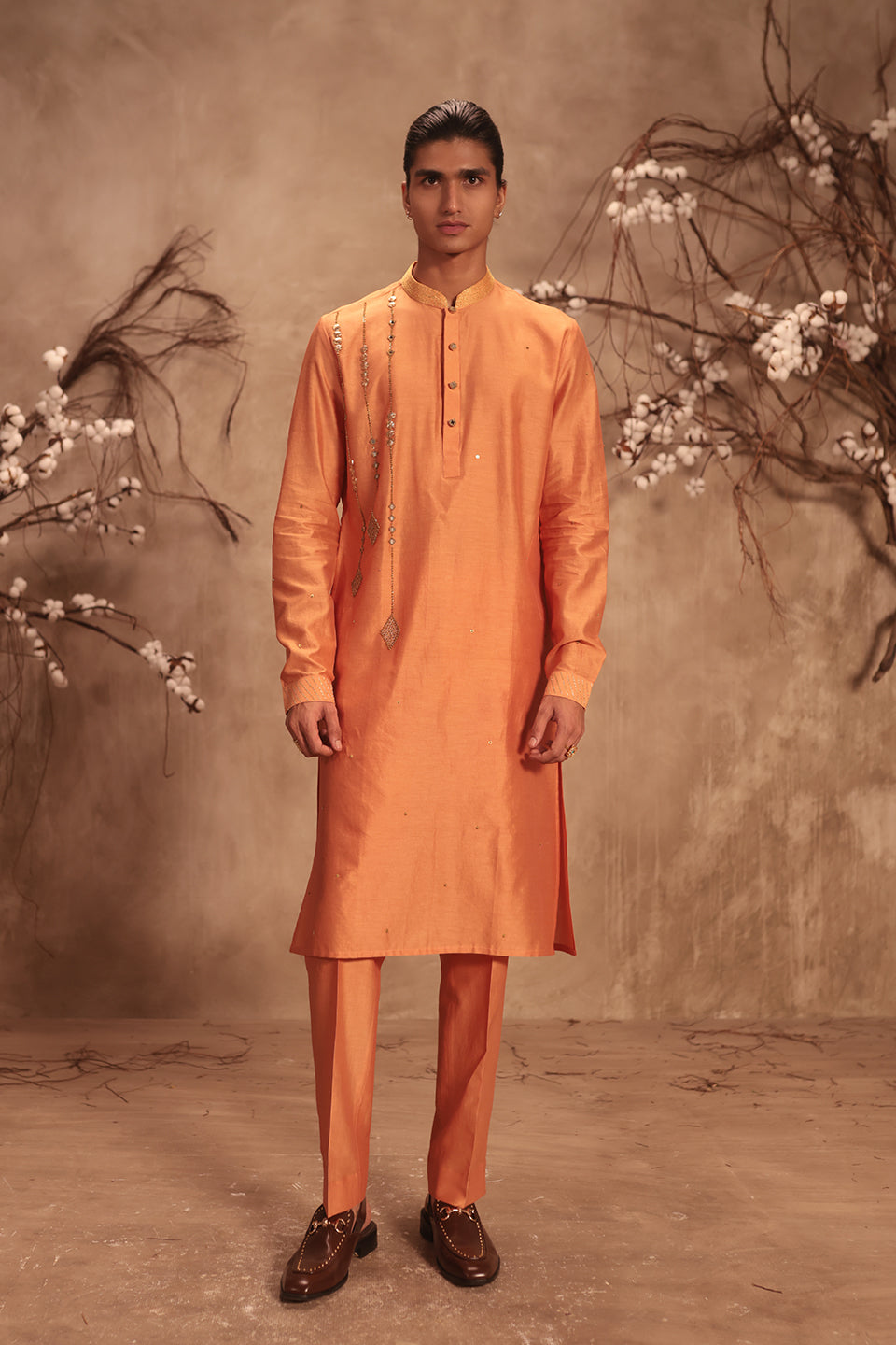 Nazakat Orange Abstract Embroidered Kurta Set
