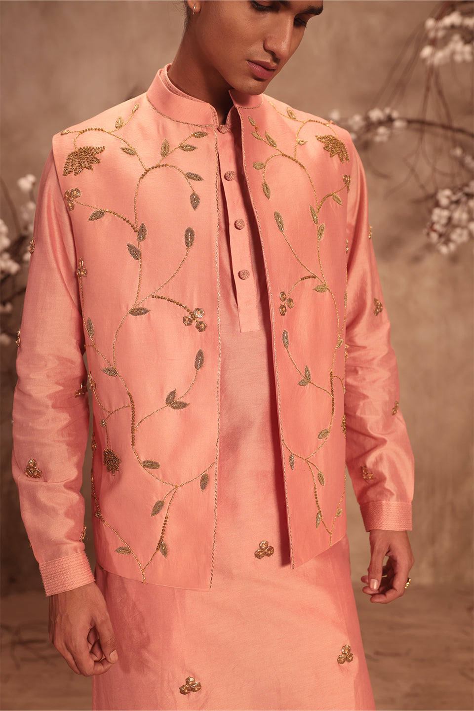 Nazakat Pink Lotus Jaal Embroidered Bandi Kurta Set