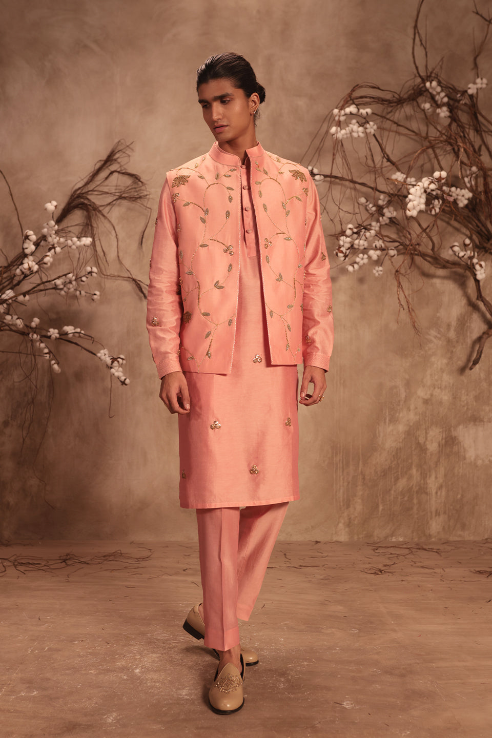 Nazakat Pink Lotus Jaal Embroidered Bandi Kurta Set