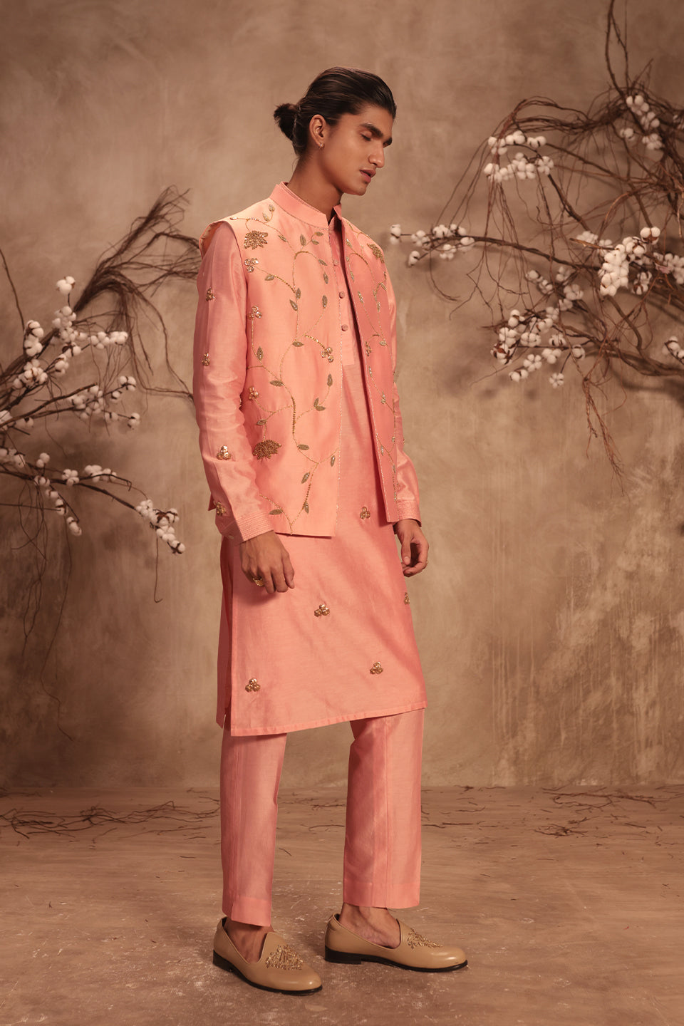 Nazakat Pink Lotus Jaal Embroidered Bandi Kurta Set