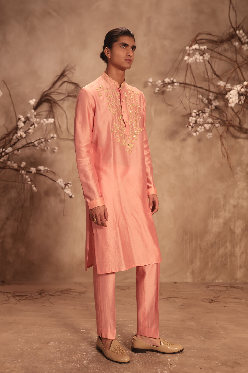 Nazakat Pink Mirror Work Embroidered Neckline Kurta Set