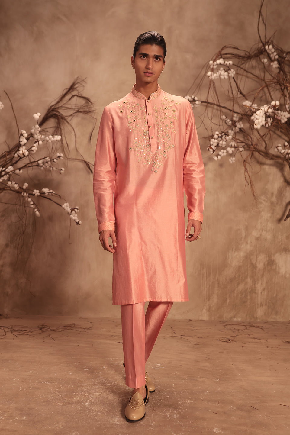 Nazakat Pink Mirror Work Embroidered Neckline Kurta Set