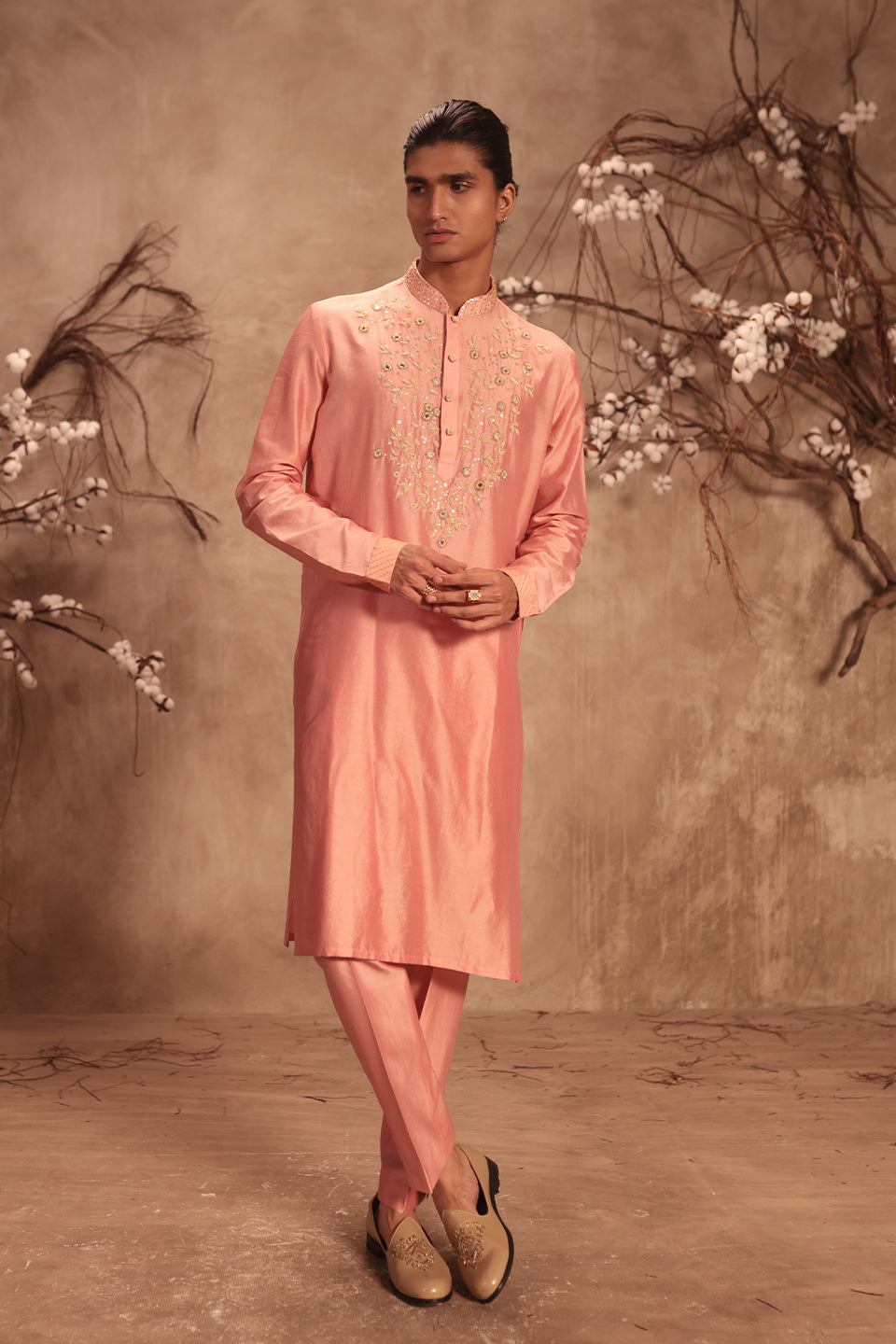 Nazakat Pink Mirror Work Embroidered Neckline Kurta Set