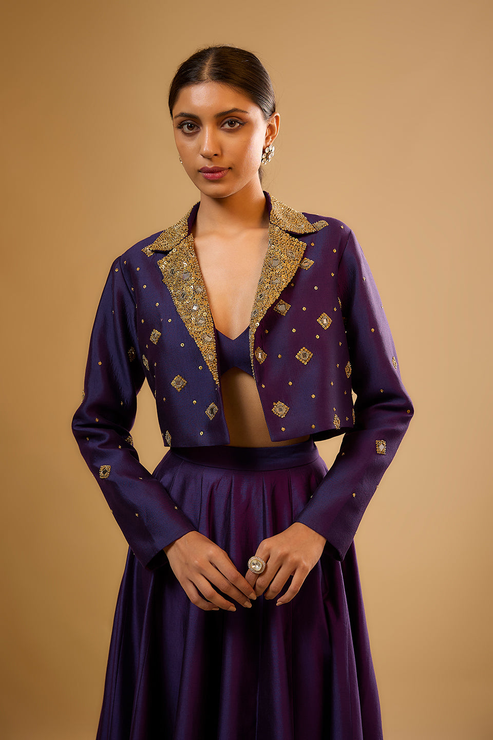 Nazakat Purple Mirror Butti Jacket Style Lehenga Set