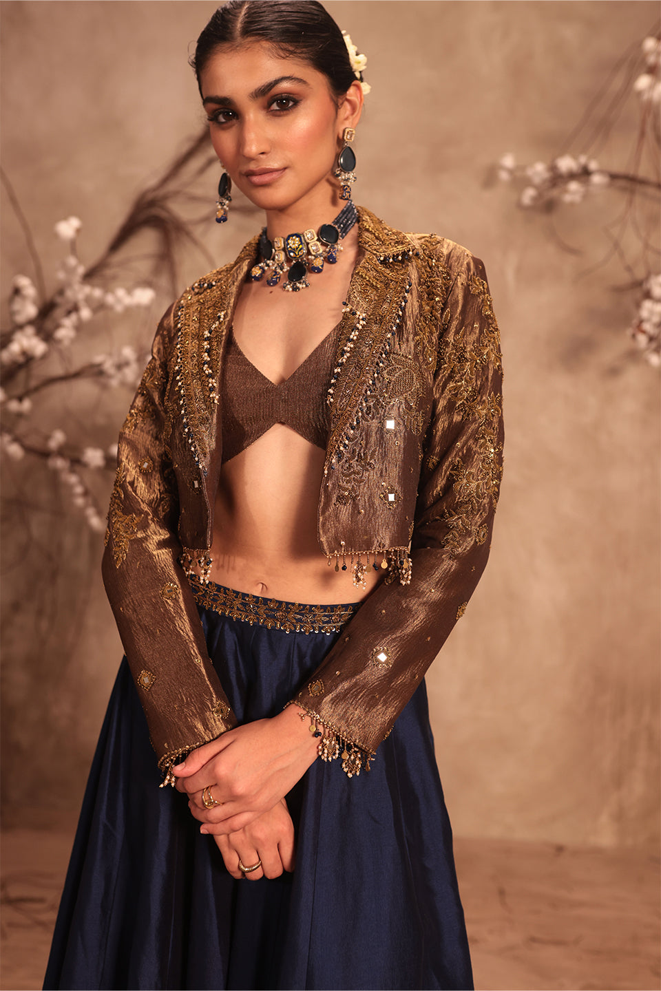 Nazakat Gold Tissue Jacket Style Lehenga Set