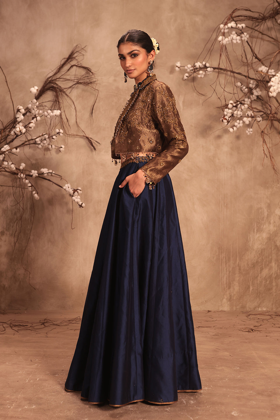 Nazakat Gold Tissue Jacket Style Lehenga Set