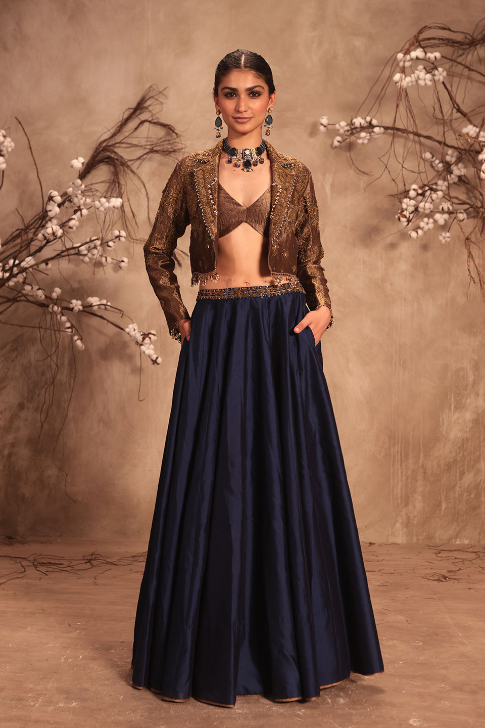 Nazakat Gold Tissue Jacket Style Lehenga Set
