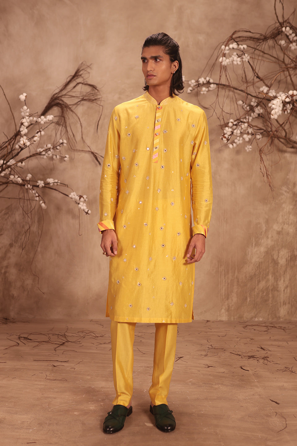 Nazakat Yellow Applique Placket Mirror Work Kurta Set