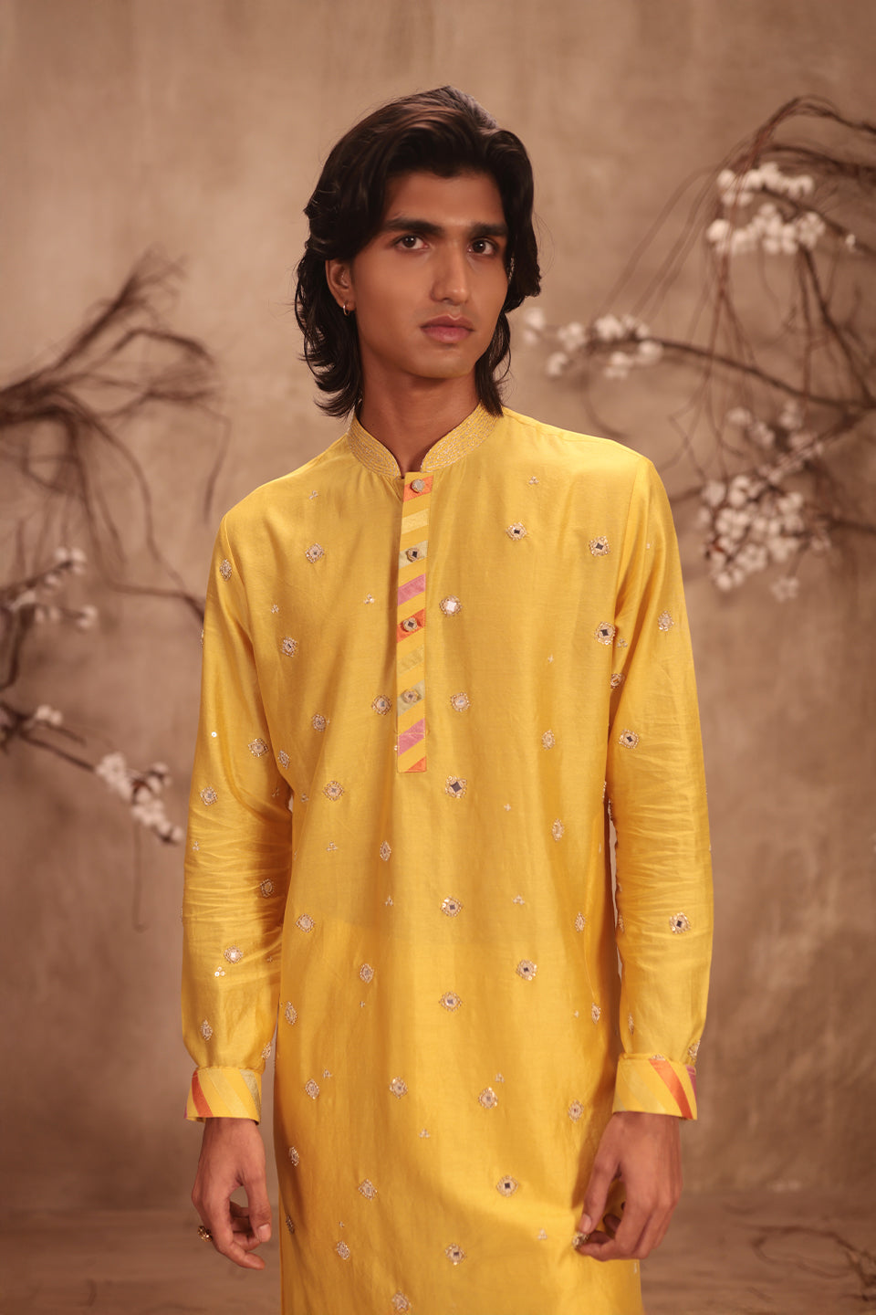 Nazakat Yellow Applique Placket Mirror Work Kurta Set