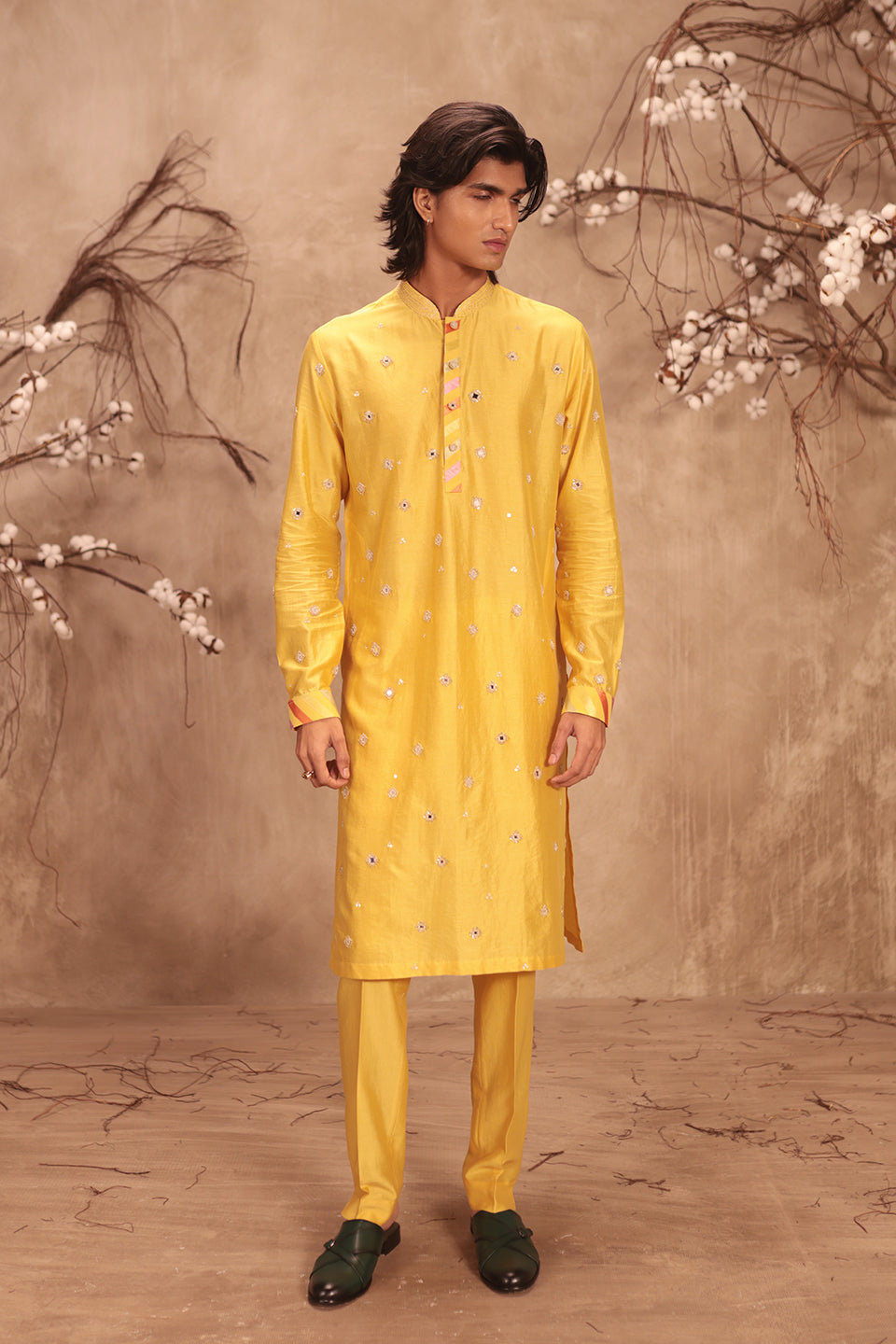 Nazakat Yellow Applique Placket Mirror Work Kurta Set