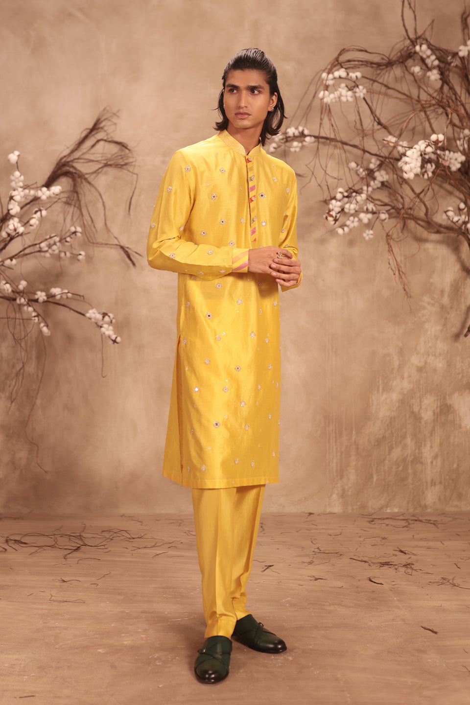 Nazakat Yellow Applique Placket Mirror Work Kurta Set