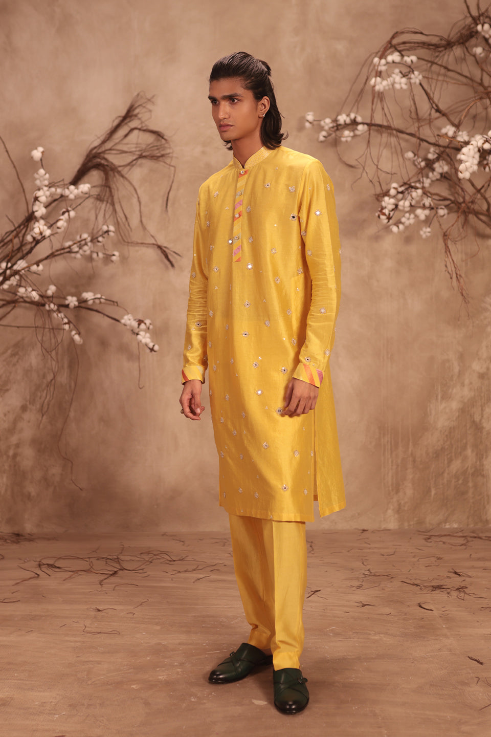 Nazakat Yellow Applique Placket Mirror Work Kurta Set