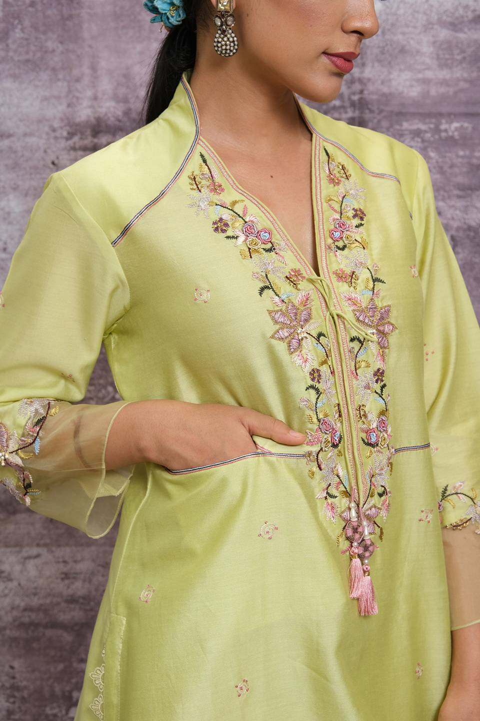 Mint Green Floral Hoop Style Kurta Set