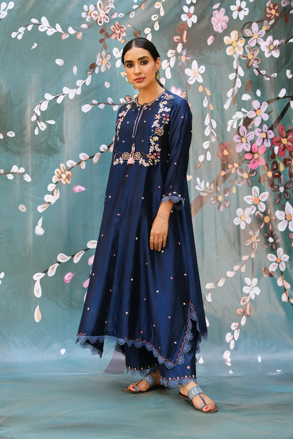 Cobalt Blue French Knot Handkerchief Style Kurta Set