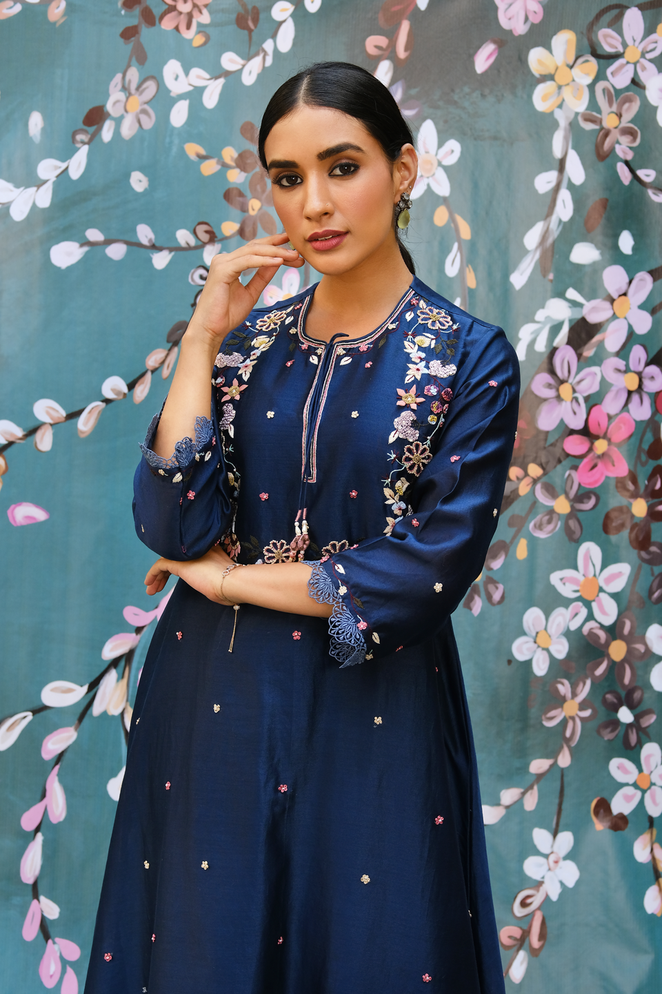 Cobalt Blue French Knot Handkerchief Style Kurta Set