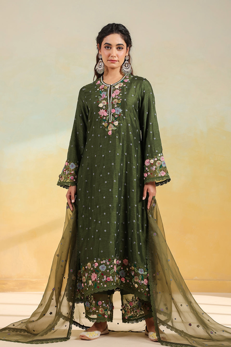 Olive Green Orchid Long Kurta