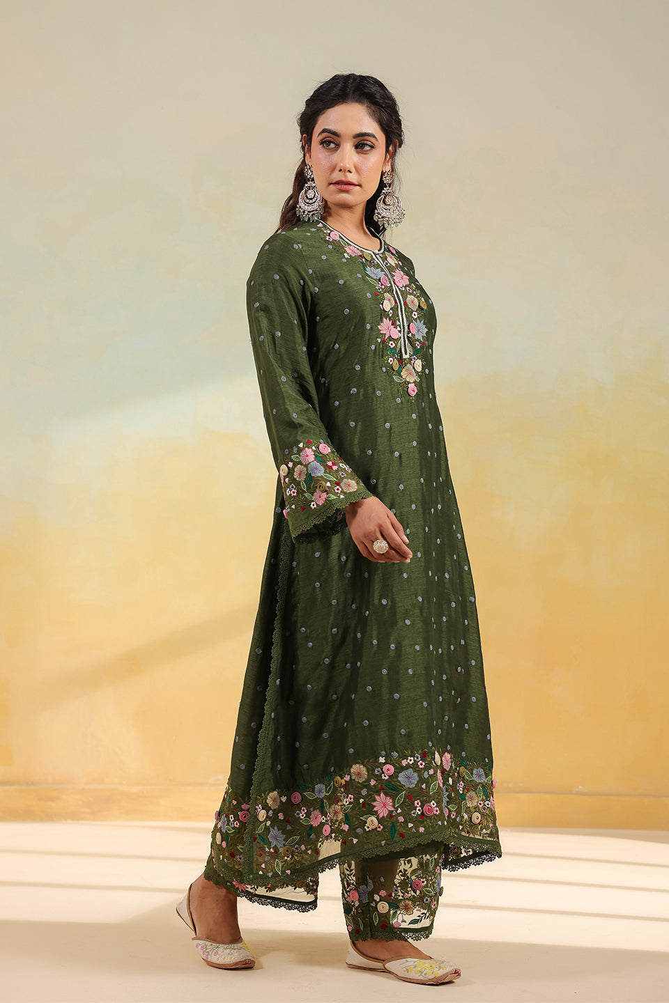 Olive Green Orchid Long Kurta