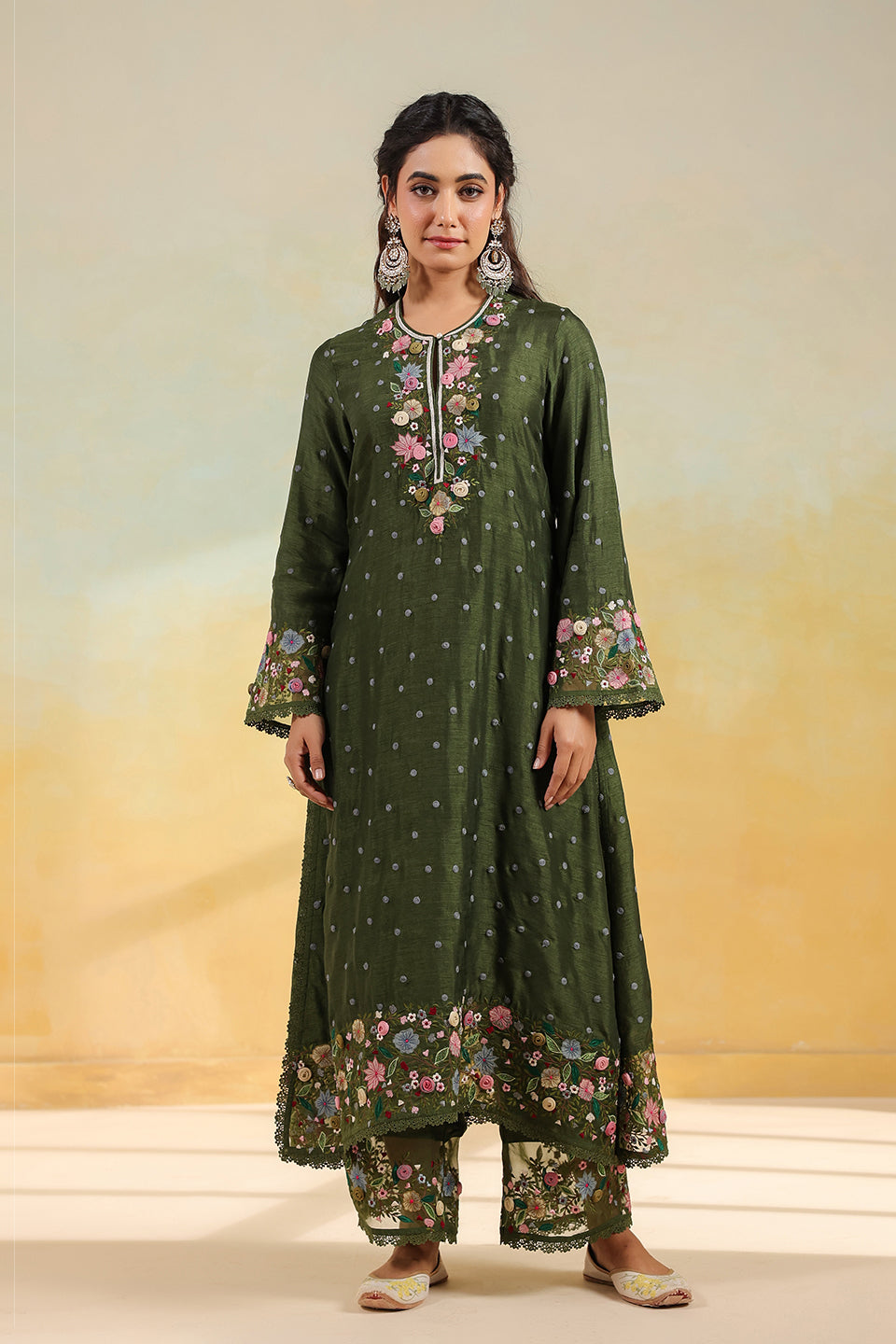 Olive Green Orchid Long Kurta