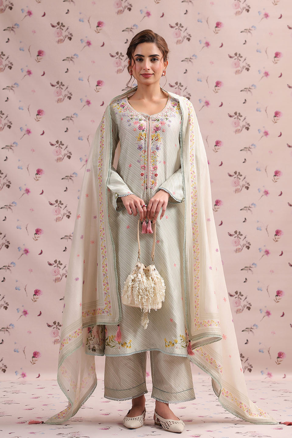 Noor Sage Green Striped Straight Long Kurta Set