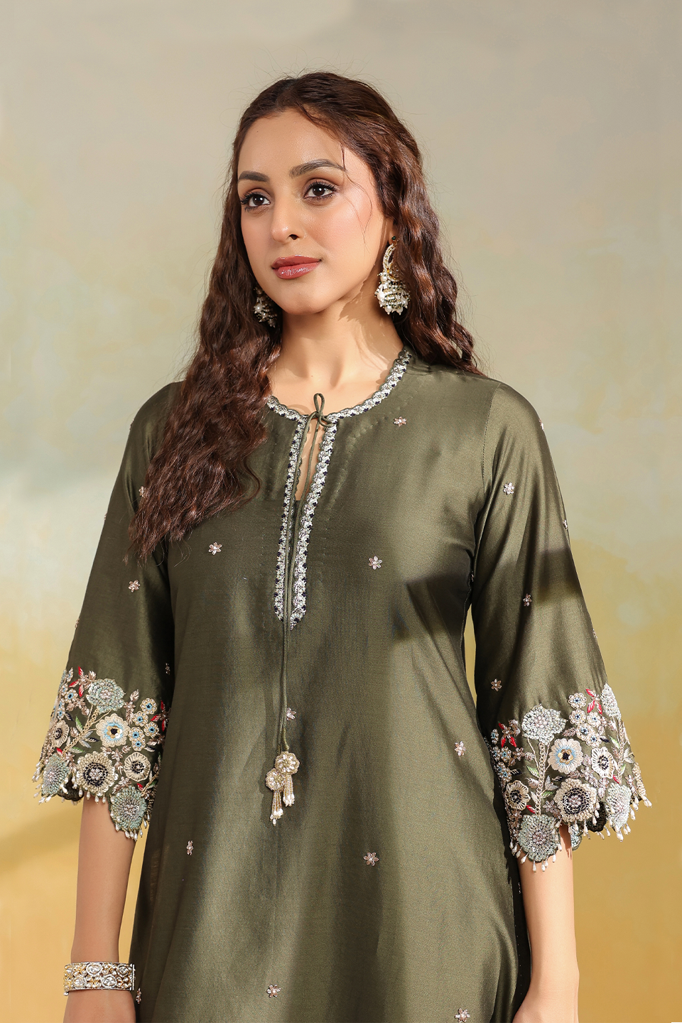 Olive Green Rose Cut Scallop Kurta Set