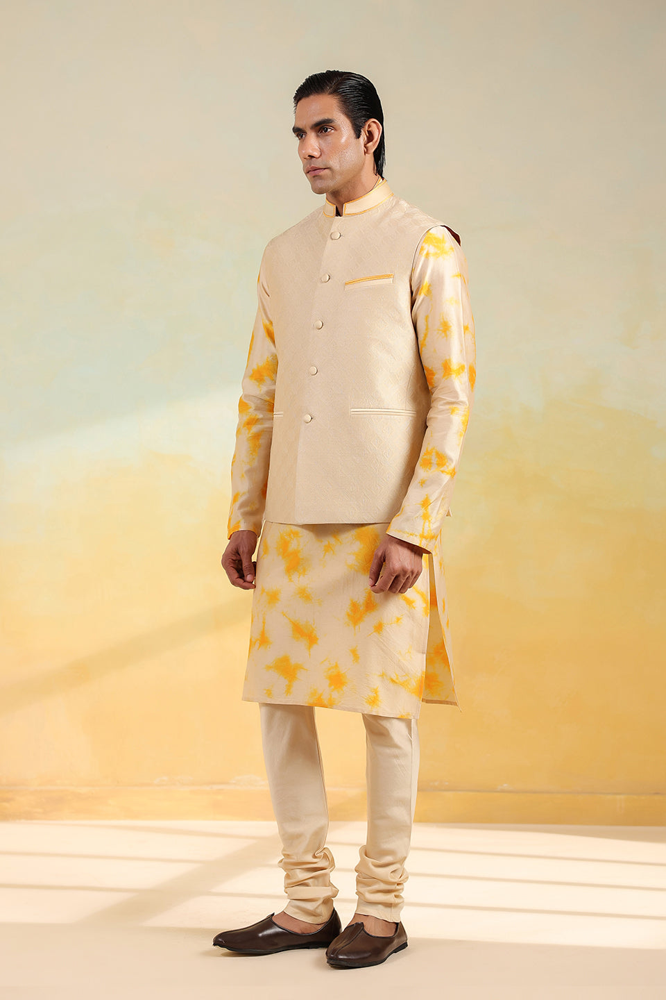 Yellow Shibori Quilted Bandi Kurta Set