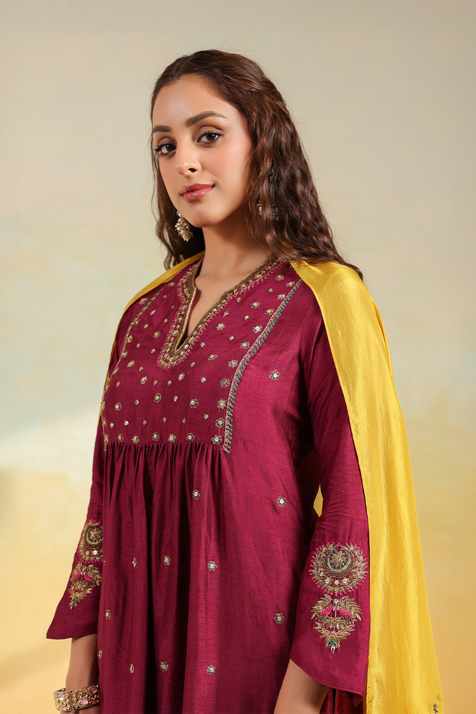Wine Zardozi Kurta Set